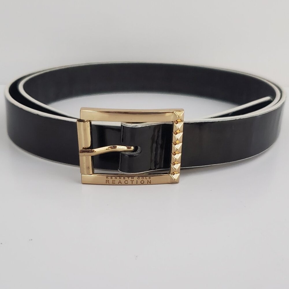 KENNETH COLE Women's Black Patent Belt White Trim Faux Leather Office Attire MED